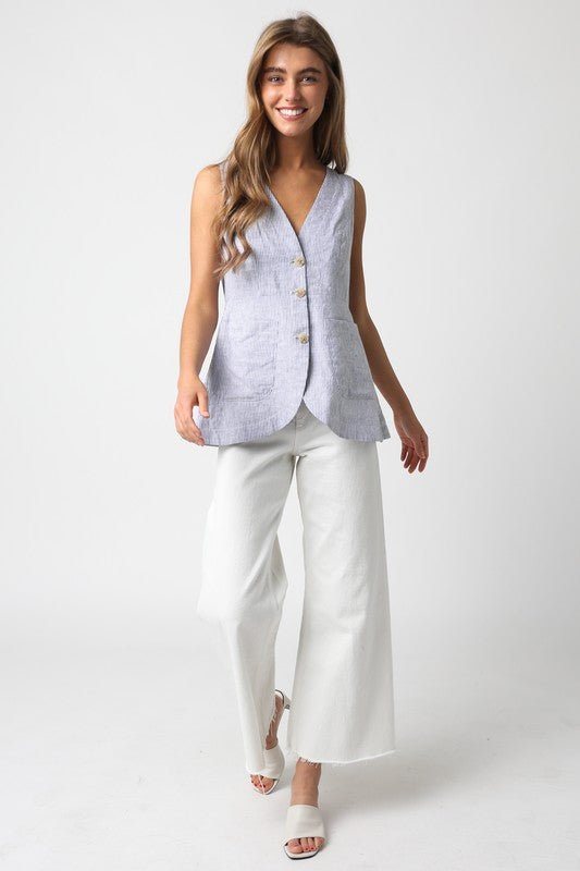 Chambray Pin Stripe Button Up Vest