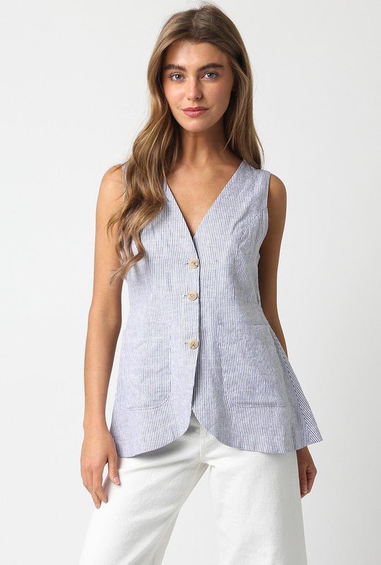 Chambray Pin Stripe Button Up Vest